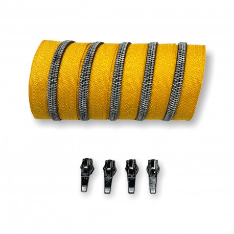 Gunmetal metallisierter Reißverschluss - inklusive 4 Zipper - senf