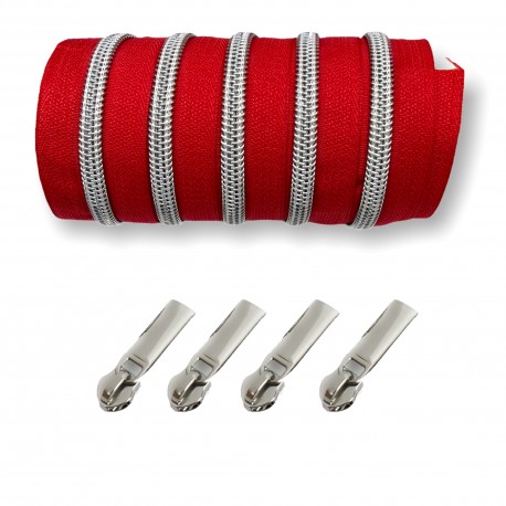 Silber metallisierter Reißverschluss - inklusive 4 Zipper - rot