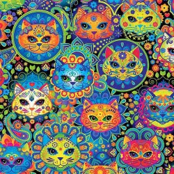 Baumwollstoff Timeless Treasure - Bright Cat Sugar Skulls - Katzenstoff