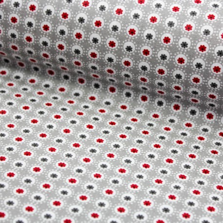 Stoff Baumwolle beschichtet Luna hellgrau rot mit Punkten