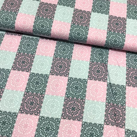 Stoff beschichtete Baumwolle Klaranähta Patch Ornamente Quadrat grau rosa